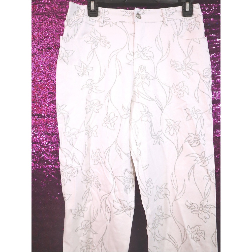 White Floral Pants Small Nicole Max Women Silver Glitter Vines Trousers
